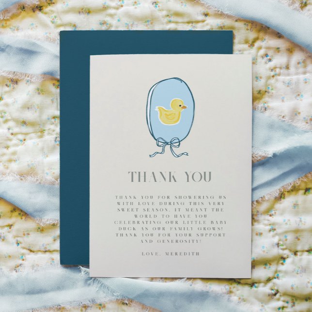 Tarjeta De Agradecimiento Elegante planicie de Baby Shower dudoso de caucho (Elegant meets cute rubber ducky Baby Shower Thank You note cards with chic typography.)