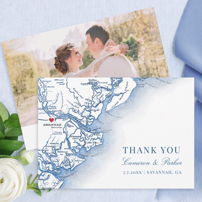 Tarjeta De Agradecimiento Elegante planicie de foto Boda de Savannah Georgia (Elegant Savannah Georgia Wedding Photo thank you cards with navy blue map from Coastal Map Designs)