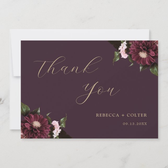 Tarjeta De Agradecimiento Elegante Plum Purple Burgundy Boda Floral (Anverso)