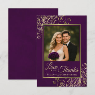 Tarjeta De Agradecimiento Elegante Plum Purple & Gold Love & Gracias Boda