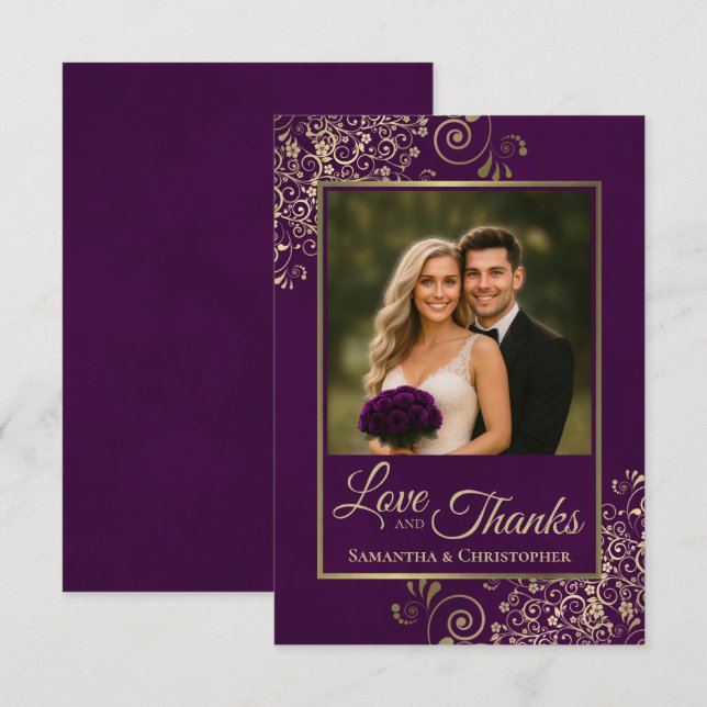 Tarjeta De Agradecimiento Elegante Plum Purple & Gold Love & Gracias Boda (Anverso / Reverso)