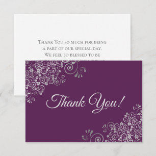 Tarjeta De Agradecimiento Elegante Plum Purple & Silver Curls Boda simple