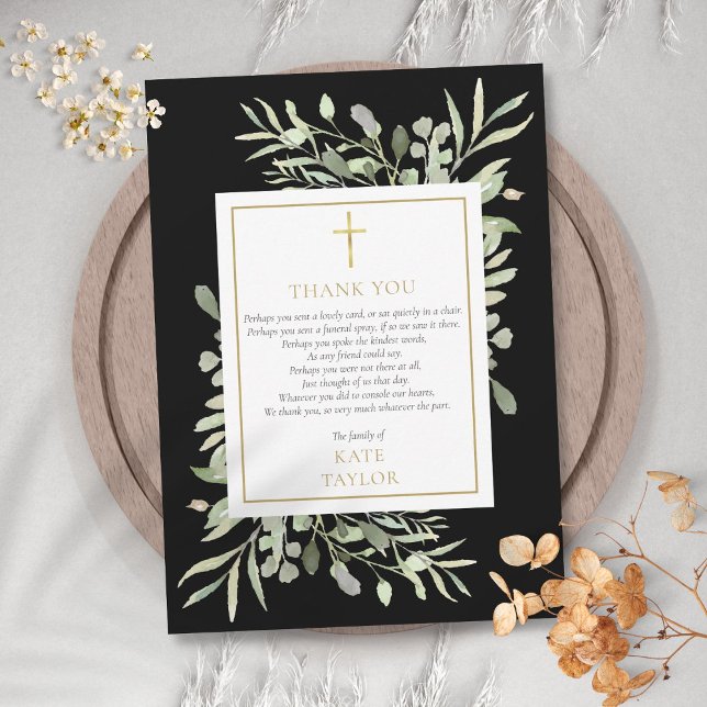 Tarjeta De Agradecimiento Elegante Poema Funeral de Verde Negro y Oro (Elegant Gold Black Greenery Funeral Poem Thank You Card)