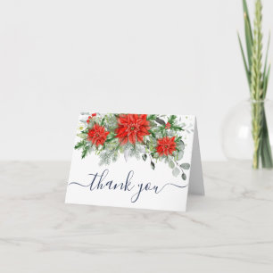 Tarjeta De Agradecimiento Elegante poinsettia roja eucalipto pino acuarela