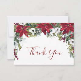 Tarjeta De Agradecimiento Elegante Poinsettia Rojo Pine Fir Watercolor