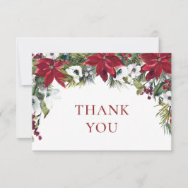 Tarjeta De Agradecimiento Elegante Poinsettia Rojo Pine Fir Watercolor