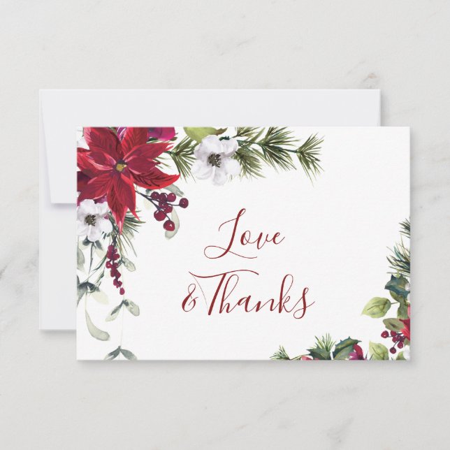 Tarjeta De Agradecimiento Elegante Poinsettia Rojo Pine Fir Watercolor (Anverso)