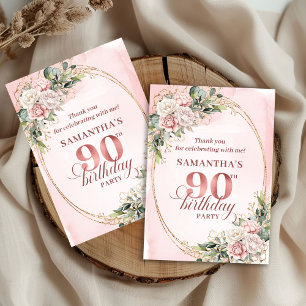 Tarjeta De Agradecimiento Elegante Polvo Rosa Oro Verde 90 Cumpleaños