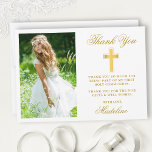 Tarjeta De Agradecimiento Elegante Primer Oro de la Comunión Santa<br><div class="desc">Elegante First Holy Communion Gracias Tarjeta con Cruz de Oro. Frente de la foto. Guión dorado.</div>