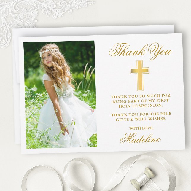 Tarjeta De Agradecimiento Elegante Primer Oro de la Comunión Santa (Customize to change text size, style, color or to add more text or photos to back of card.)