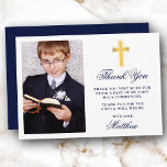 Tarjeta De Agradecimiento Elegante Primer Santo Comunión Foto Oro Azul<br><div class="desc">Elegante First Holy Communion Gracias Tarjeta con Cruz de Oro. Frente de la foto. Guión azul marino.</div>