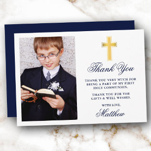 Tarjeta De Agradecimiento Elegante Primer Santo Comunión Foto Oro Azul
