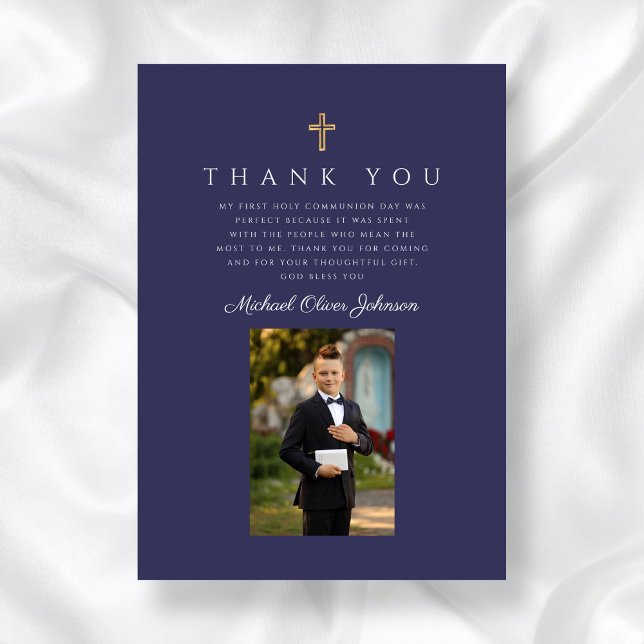 Tarjeta De Agradecimiento Elegante Primera Comunión Católica Niño Azul Marin (Elegant Navy Blue Catholic Boy First Communion Thank You Card)