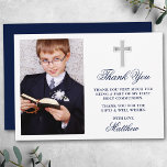 Tarjeta De Agradecimiento Elegante Primera Comunión Fotografía Azul<br><div class="desc">Elegante First Holy Communion Gracias Tarjeta con Cruz de Plata. Frente de la foto. Guión azul marino.</div>