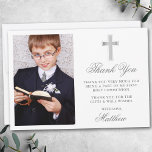 Tarjeta De Agradecimiento Elegante Primera Santa Comunión Foto Plata<br><div class="desc">Elegante First Holy Communion Gracias Tarjeta con Cruz de Plata. Frente de la foto.</div>