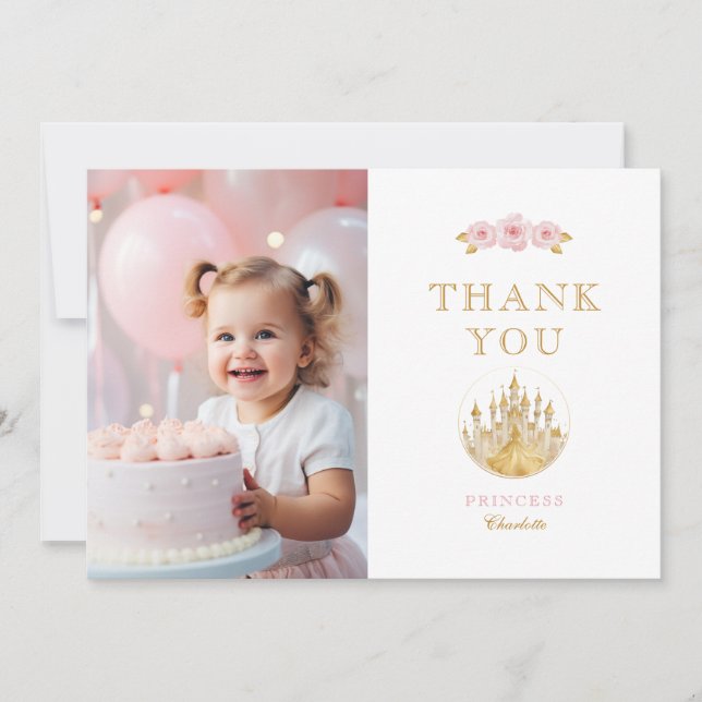 Tarjeta De Agradecimiento Elegante Princesa de Oro y Rosa (Anverso)
