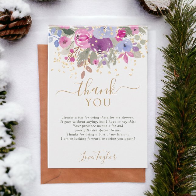 Tarjeta De Agradecimiento Elegante Purple Gold Winter Floral Bridal Ducha (Elegant Purple Gold Winter Floral Bridal shower Thank You Card)