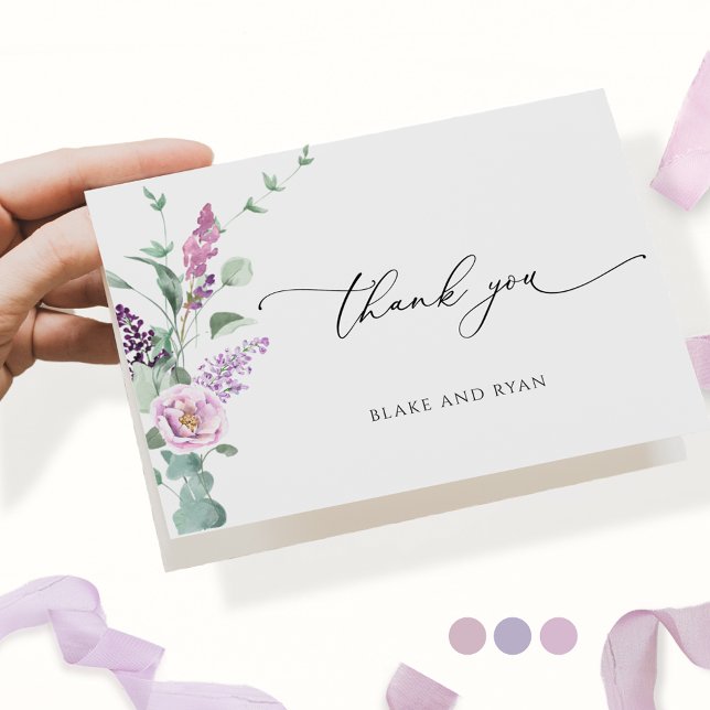 Tarjeta De Agradecimiento Elegante púrpura, malva lilac, Boda floral pastel (Subido por el creador)