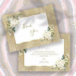 Tarjeta De Agradecimiento Elegante Purpurina de oro Flores Blancas