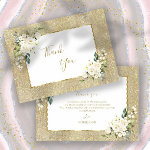 Tarjeta De Agradecimiento Elegante Purpurina de oro Flores Blancas