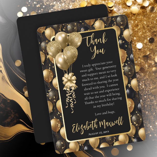 Tarjeta De Agradecimiento Elegante Purpurina Oro Negro Globos Cumpleaños (Elegant Black Gold-Tone Faux Glitter Balloons Pattern Birthday Party Thank You Card)