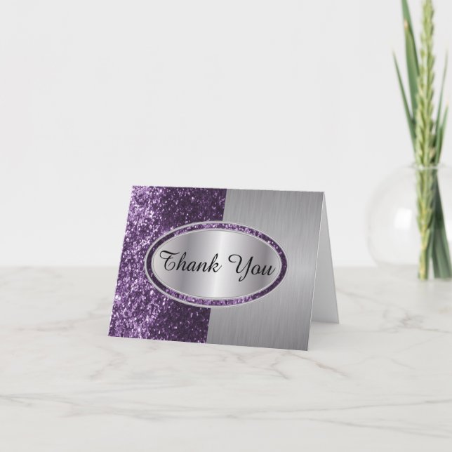 Tarjeta De Agradecimiento Elegante Purpurina púrpura Pincel Acero Metalizado (Anverso)