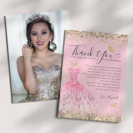 Tarjeta De Agradecimiento Elegante Purpurina Rubor Rosa Gold Quinceanera Fot