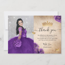 Tarjeta De Agradecimiento Elegante Quinceañera Cumpleaños Foto Púrpura y Dor