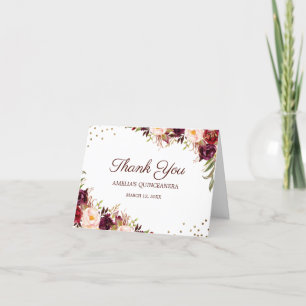 Tarjeta De Agradecimiento Elegante Quinceañera Floral Borgoña Dorada