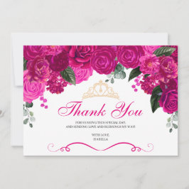 Tarjeta De Agradecimiento Elegante Quinceanera floral de oro rosa de Fuchsia