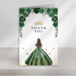 Tarjeta De Agradecimiento Elegante Quinceañera Floral Esmeralda Falso Foil