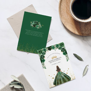 Tarjeta De Agradecimiento Elegante Quinceañera Floral Esmeralda Falso Foil