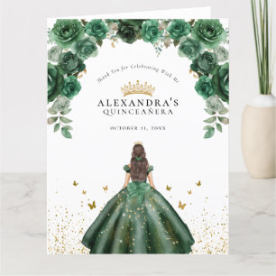 Tarjeta De Agradecimiento Elegante Quinceañera Floral Esmeralda Falso Foil
