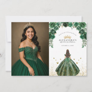 Tarjeta De Agradecimiento Elegante Quinceañera Floral Esmeralda Falso Foto F