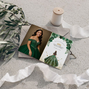 Tarjeta De Agradecimiento Elegante Quinceañera Floral Esmeralda Falso Foto F