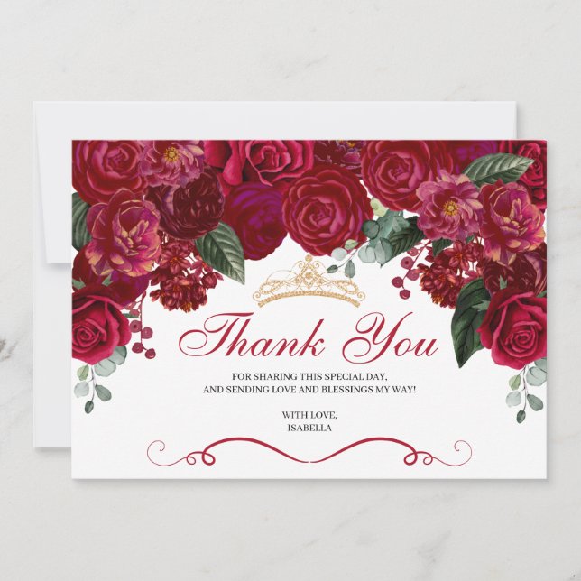 Tarjeta De Agradecimiento Elegante Quinceanera floral roja Gracias (Anverso)