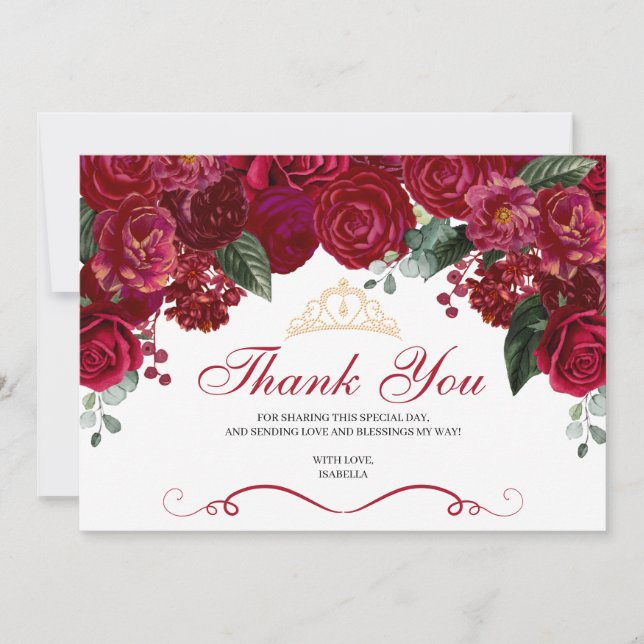Tarjeta De Agradecimiento Elegante Quinceanera floral roja Gracias (Anverso)