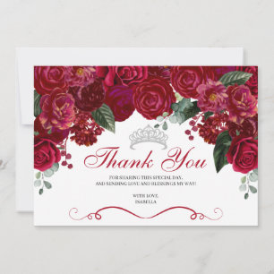 Tarjeta De Agradecimiento Elegante Quinceanera floral roja y plateada Gracia