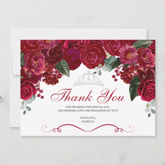 Tarjeta De Agradecimiento Elegante Quinceanera floral roja y plateada Gracia (Anverso)