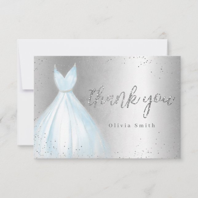 Tarjeta De Agradecimiento Elegante quinceañera plateada y brillante azul (Anverso)