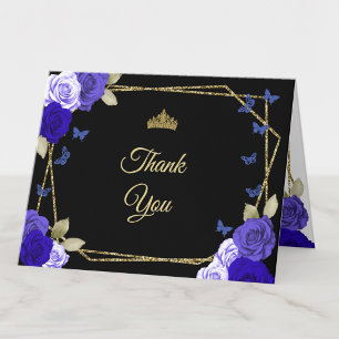 Tarjeta De Agradecimiento Elegante Quinceañera Rosas Azules Doradas y Negras