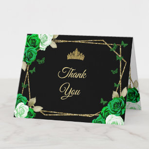 Tarjeta De Agradecimiento Elegante Quinceañera Rosas Verde Oro Negro