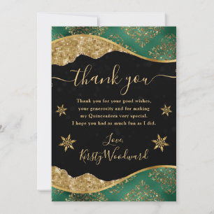 Tarjeta De Agradecimiento Elegante Quinceañera Verde y Dorado con Copo de Ni