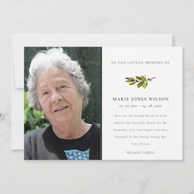 Tarjeta De Agradecimiento Elegante Rama de Pino Fauna Fotografía Memorial (Anverso)