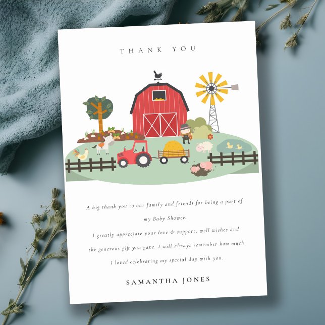 Tarjeta De Agradecimiento Elegante Red Barnyard Farm Animal Baby Shower (Subido por el creador)