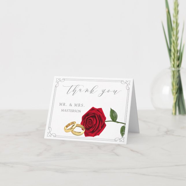 Tarjeta De Agradecimiento Elegante Red Rose Rings Boda Gracias (Anverso)