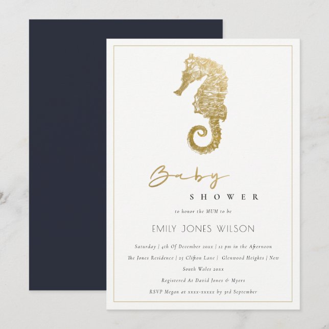 TARJETA DE AGRADECIMIENTO ELEGANTE RELIEVE METALIZADO DORADO NAVY SEAHORSE B (Anverso / Reverso)