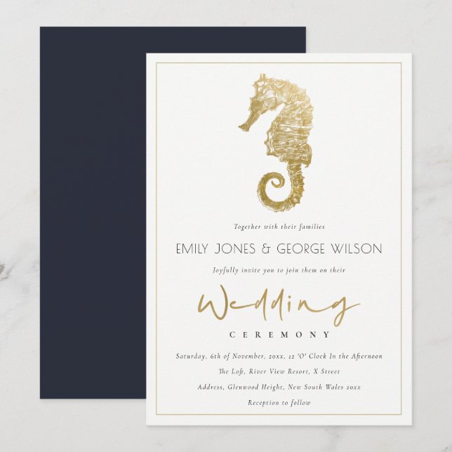 TARJETA DE AGRADECIMIENTO ELEGANTE RELIEVE METALIZADO DORADO NAVY SEAHORSE W (Anverso / Reverso)