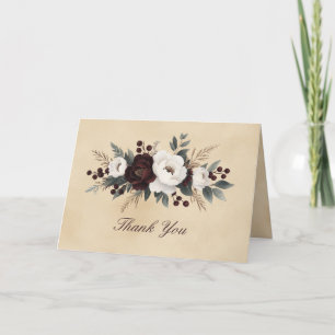 Tarjeta De Agradecimiento Elegante Rojo Oscuro Flores Blancas Escritura Flor