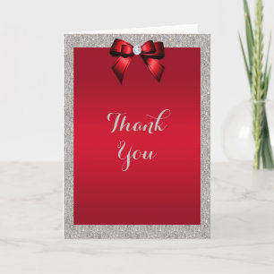 Tarjeta De Agradecimiento Elegante rojo rubí, Boda Purpurina plateado